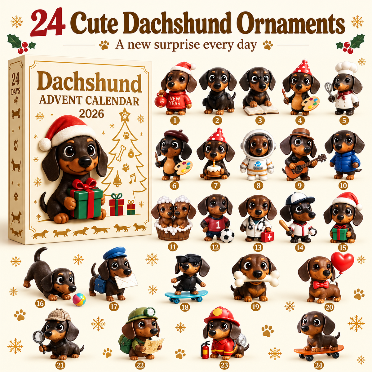 Dachshund Advent Calendar – 24 Acrylic Ornaments
